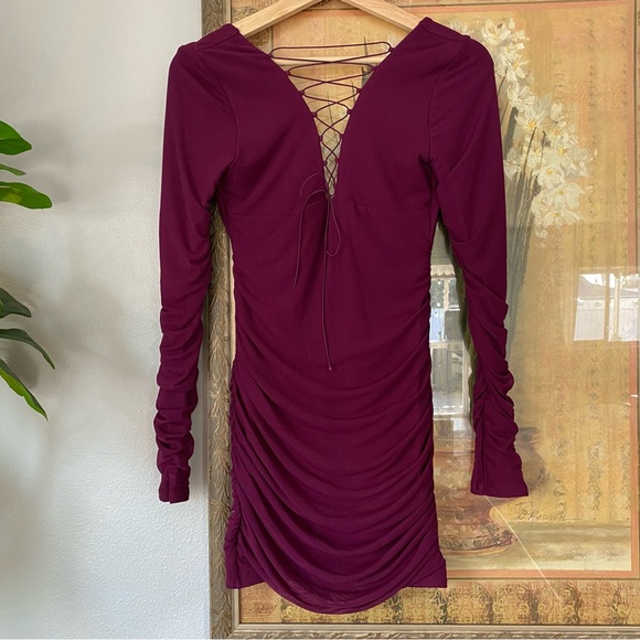 Oh Polly Mini Dress Womens Purple Wine Lace Up Ruched Long Sleeve Bodycon Size 4 - Picture 7 of 13